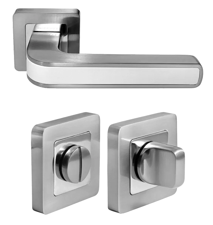 Комплект дверных ручек MH-46 SC/W-S55 + завертка сантехническая MH-WC-S55 SC/CP