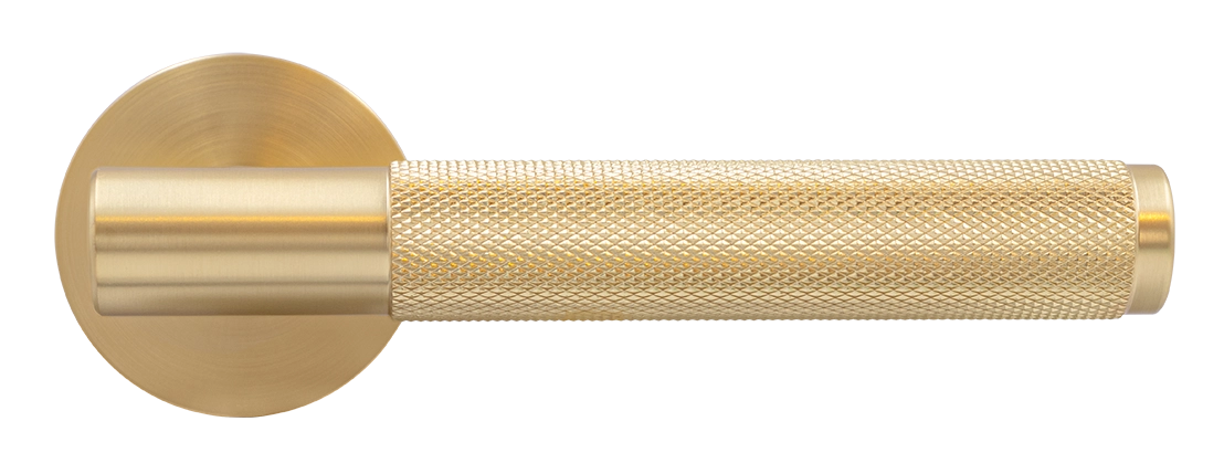 Ручка дверная AZRIELI MH-57-R6T MSG раздельная на круглой розетке, цвет матовый сатинированный золото, ЦАМ фото купить в Тюмени