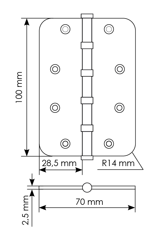 Петля стальная MSN-C 100X70X2.5-4BB SN скругленная универсальная с подшипником, вес полотна до 40 кг, цвет белый никель фото купить в Тюмени